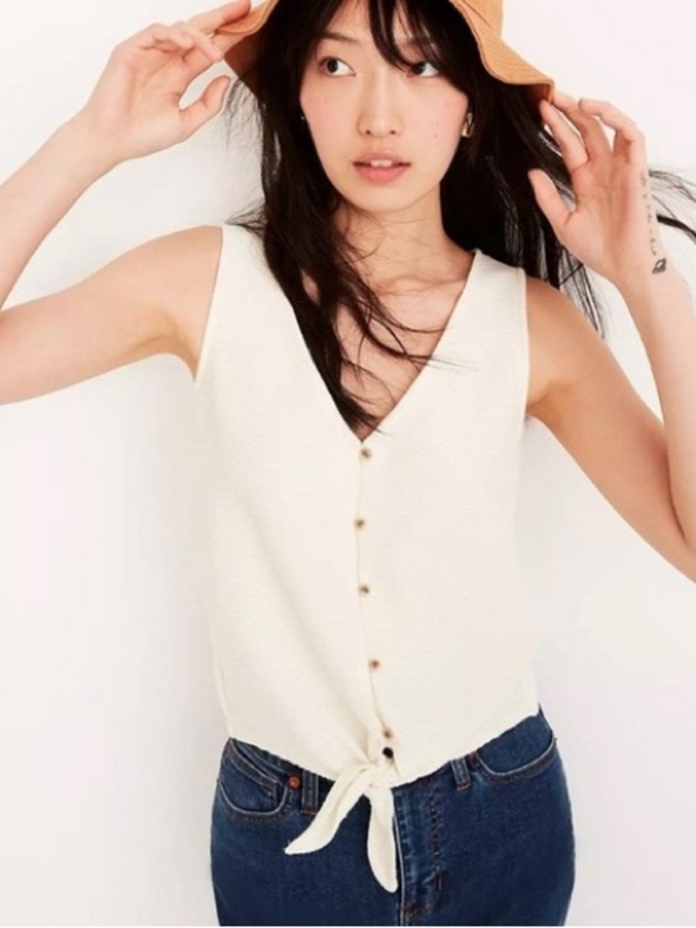 Madewell Cream Button-Front Tie-Hem V-Neck Camisole